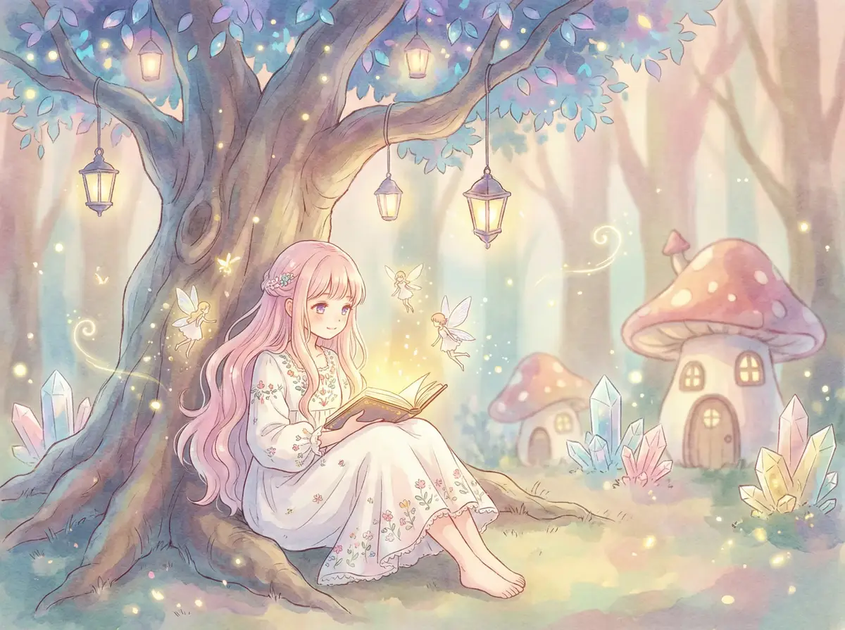 深夜释放你自己草莓视频 - 魔法森林中阅读故事书的粉发少女与精灵